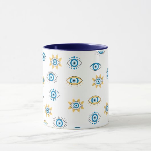 Blauw, Goud & Wit Grieks Oogmati Patroon Mok (Midden)