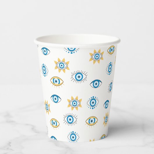 Blauw, Goud & Wit Grieks Oogmati Patroon Papieren Bekers (Achterkant)