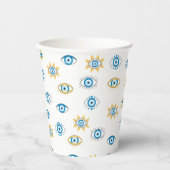 Blauw, Goud & Wit Grieks Oogmati Patroon Papieren Bekers (Voorkant)