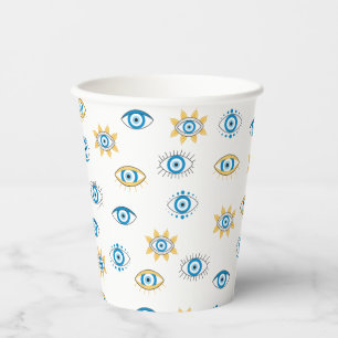 Blauw, Goud & Wit Grieks Oogmati Patroon Papieren Bekers