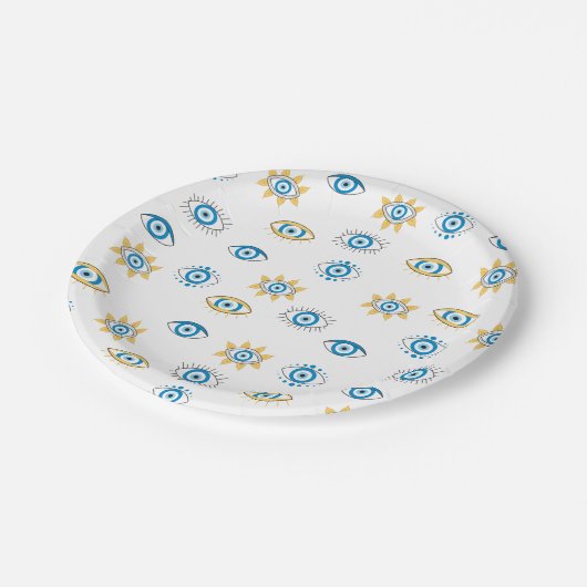 Blauw, Goud & Wit Grieks Oogmati Patroon Papieren Bordje (Gekanteld)