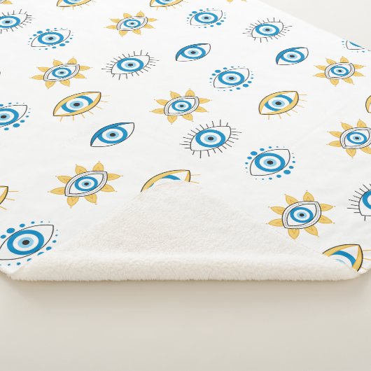 Blauw, Goud & Wit Grieks Oogmati Patroon Sherpa Deken (3/4)