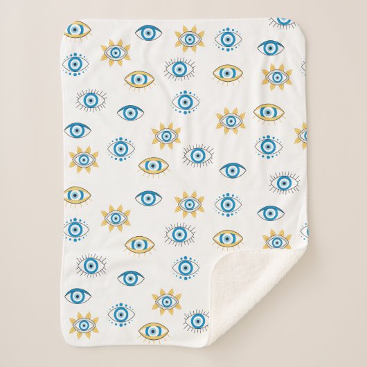 Blauw, Goud & Wit Grieks Oogmati Patroon Sherpa Deken (Voorkant)