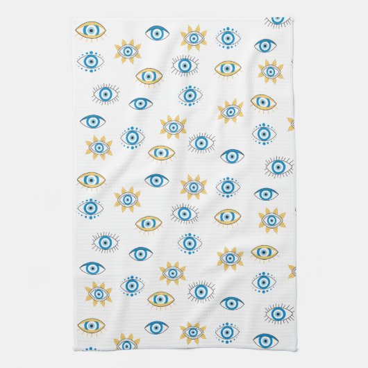 Blauw, Goud & Wit Grieks Oogmati Patroon Theedoek (Verticaal)