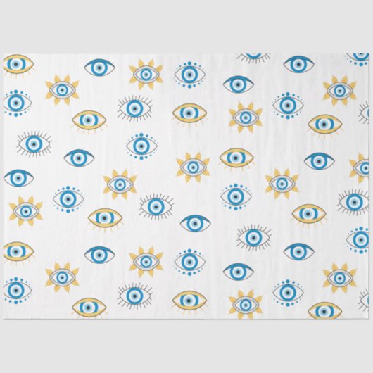 Blauw, Goud & Wit Grieks Oogmati Patroon Tissuepapier (Voorkant)