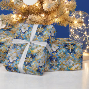 Blauw Goud Wit Kerstmis Sneeuwvlokken Cadeaupapier