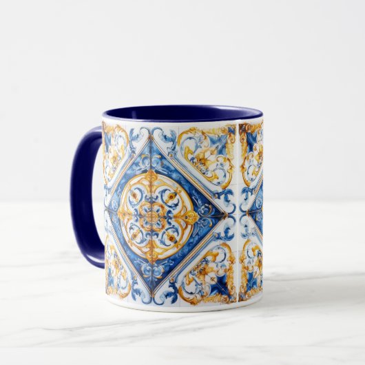 Blauw Goud & Wit Talavera Azulejo Tegel Kijk Mok (Voorkant links)