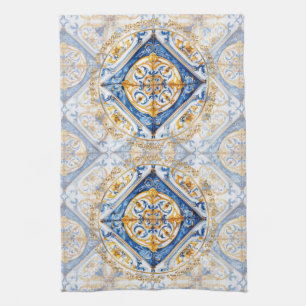 Blauw Goud & Wit Talavera Azulejo Tegel Look Theedoek