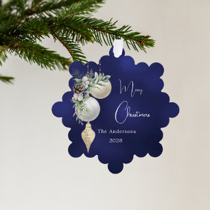 Blauw goud witte kerstballen ornament kaart