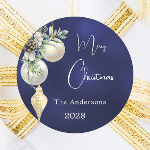Blauw goud witte kerstballen ronde sticker