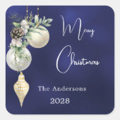 Blauw goud witte kerstballen vierkante sticker (Voorkant)