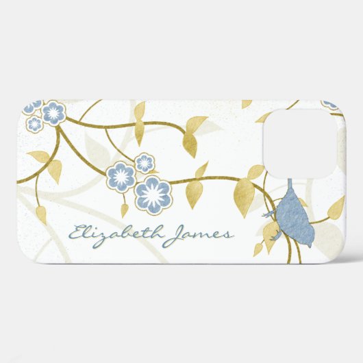 Blauw Goud Witte Vogels Bloemen Gepersonaliseerd Case-Mate iPhone Case (Achterkant (horizontaal))