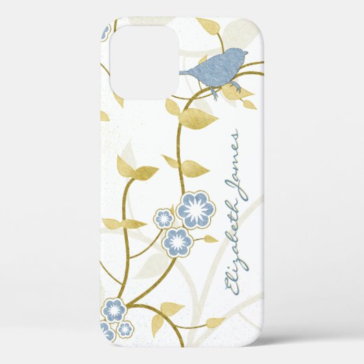 Blauw Goud Witte Vogels Bloemen Gepersonaliseerd Case-Mate iPhone Case (Achterkant)