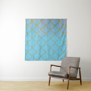 Blauw & Goud Zeemeermin Feest Achtergrond Wandkleed