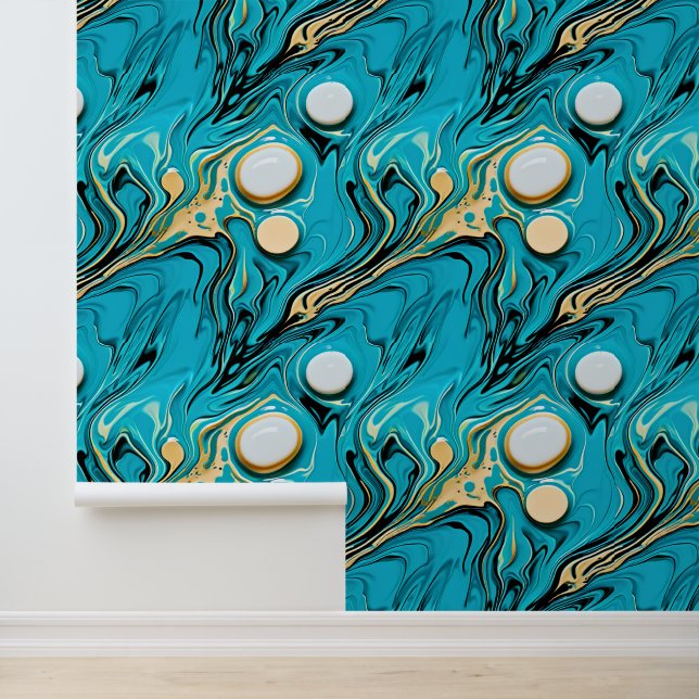 Blauw, Goud, Zwart en Wit Abstract Behang (Applicatie)