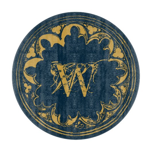 Blauw & goudbijtend  monogram snijplank (Voorkant)