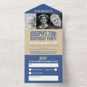 Blauw goudbruin drie foto's 75e verjaardagsfeestje all in one uitnodiging (Binnen)