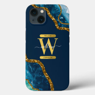Blauw & Gouden Agaat Geode Monogram iPhone 13 Hoesje