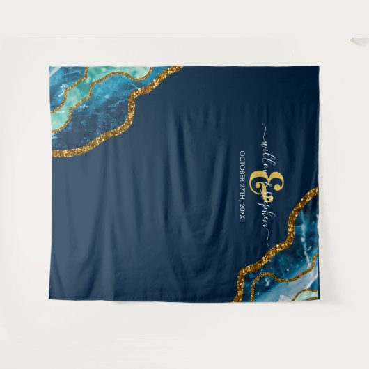 Blauw Gouden Agaat Geode Trouw Achtergrond Banner Wandkleed (Voorkant (horizontaal))