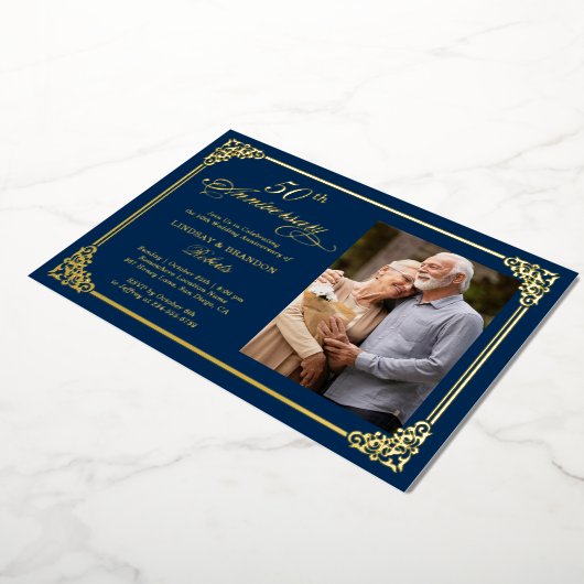 Blauw Gouden Antieke Lijst Bruiloft Huwelijksjubil Folie Uitnodiging (Gedraaid)