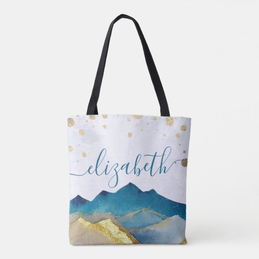 Blauw Gouden Bergen Bruiloft Moeder van de Bruideg Draagtas (Achterkant)