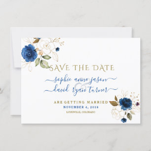 Blauw Gouden Bloem Calligrafie Huwelijk Sla de Dat Save The Date