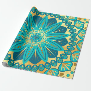 Blauw Gouden Bloem Mandala Cadeaupapier