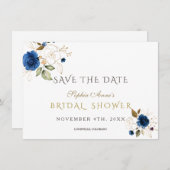 Blauw Gouden Bloemachtige Bruidsdouche Save The Da Save The Date (Voorkant / Achterkant)