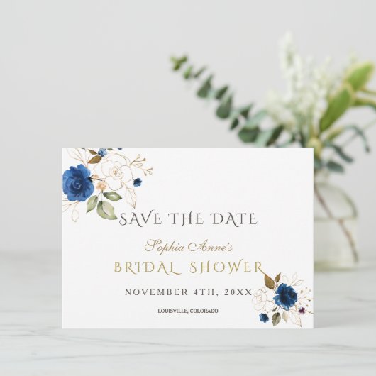 Blauw Gouden Bloemachtige Bruidsdouche Save The Da Save The Date (Staand voorkant)