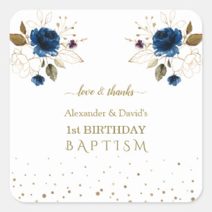 Blauw Gouden Bloemen Jongens Tweeling 1e Verjaarda Vierkante Sticker