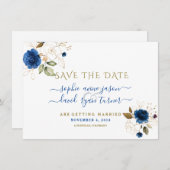 Blauw Gouden Bloemige Calligrafie Huwelijk Save Th Save The Date (Voorkant / Achterkant)
