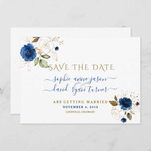 Blauw Gouden Bloemige Calligrafie Huwelijk Save Th Save The Date (Voorkant / Achterkant)