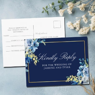 Blauw Gouden Bloemige Elegante Trouw RSVP Briefkaart