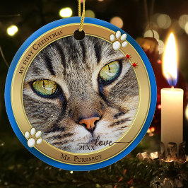 Blauw Gouden Cute Kat Foto Ornament