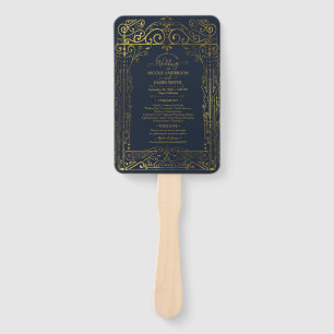 Blauw Gouden Deco Chic Glam Bruiloftsprogramma Han Handwaaier