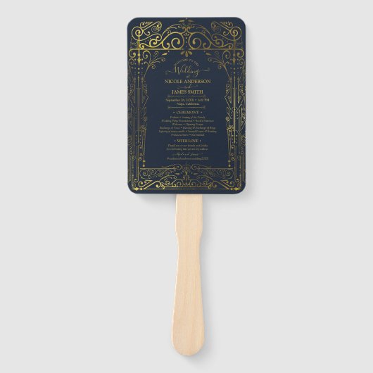 Blauw Gouden Deco Chic Glam Trouwprogramma Handwaa Handwaaier (Voorkant)