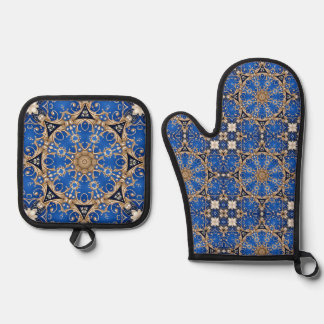 Blauw Gouden Decoratieve Ovenwant & Pannenlap Set