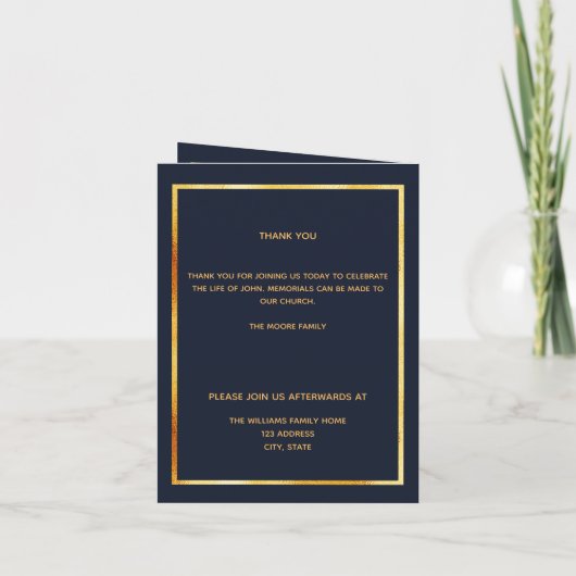 Blauw gouden fotoelegant begrafenisprogramma bedankkaart (Achterkant)