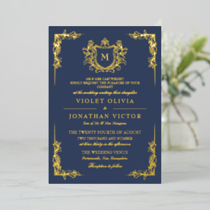 Blauw Gouden Handgetekend Vintage Wapenschild Mono Folie Uitnodiging