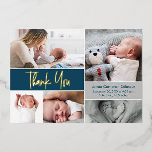 Blauw Gouden handlettering Aangepaste Foto's Baby  Folie Feestdagenkaart
