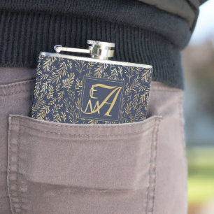 Blauw Gouden Huwelijk Nieuwgetrouwd Monogram Decor Heupfles