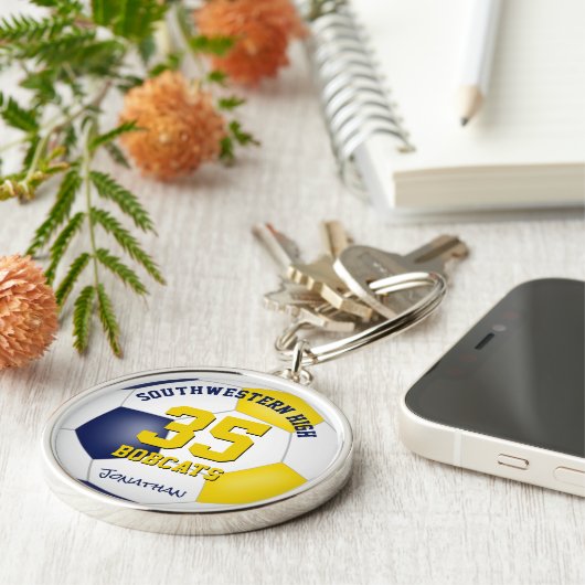 blauw gouden jongens noemen jersey nummer voetbal sleutelhanger (Zijkant)