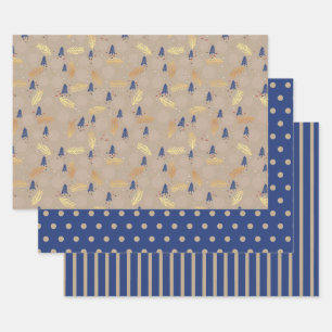 Blauw Gouden Kerstbomen Stippen Streep Inpakpapier Vel
