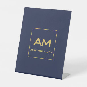 Blauw Gouden Kleuren Monogram Initiaal Letters Naa Reclamebord Met Voetstuk
