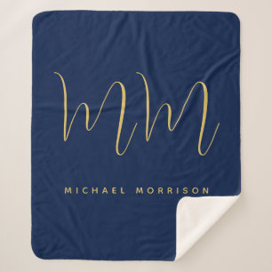 Blauw Gouden Kleuren Professioneel Initiaal Letter Sherpa Deken