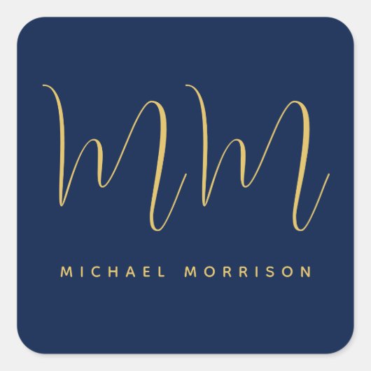 Blauw Gouden Kleuren Professioneel Initiaal Letter Vierkante Sticker (Voorkant)