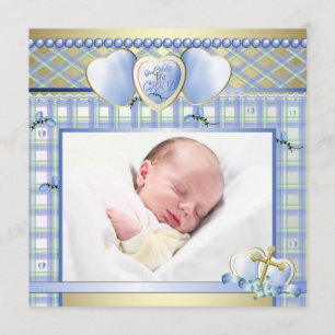 Blauw Gouden Kruis Blauwe Baby Jongen Foto Doopfee Kaart