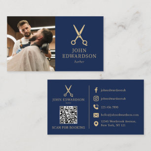 Blauw Gouden Luxe Barbiersschaar Foto QR Code Visitekaartje