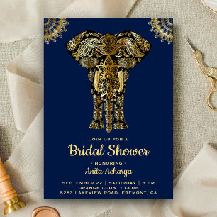 Blauw Gouden Olifant Indiase Bruidsdouche Uitnodig Kaart