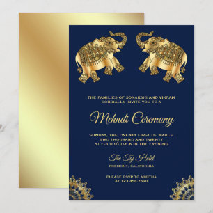 Blauw Gouden Olifanten Indiase Henna Mehndi Ceremo Kaart